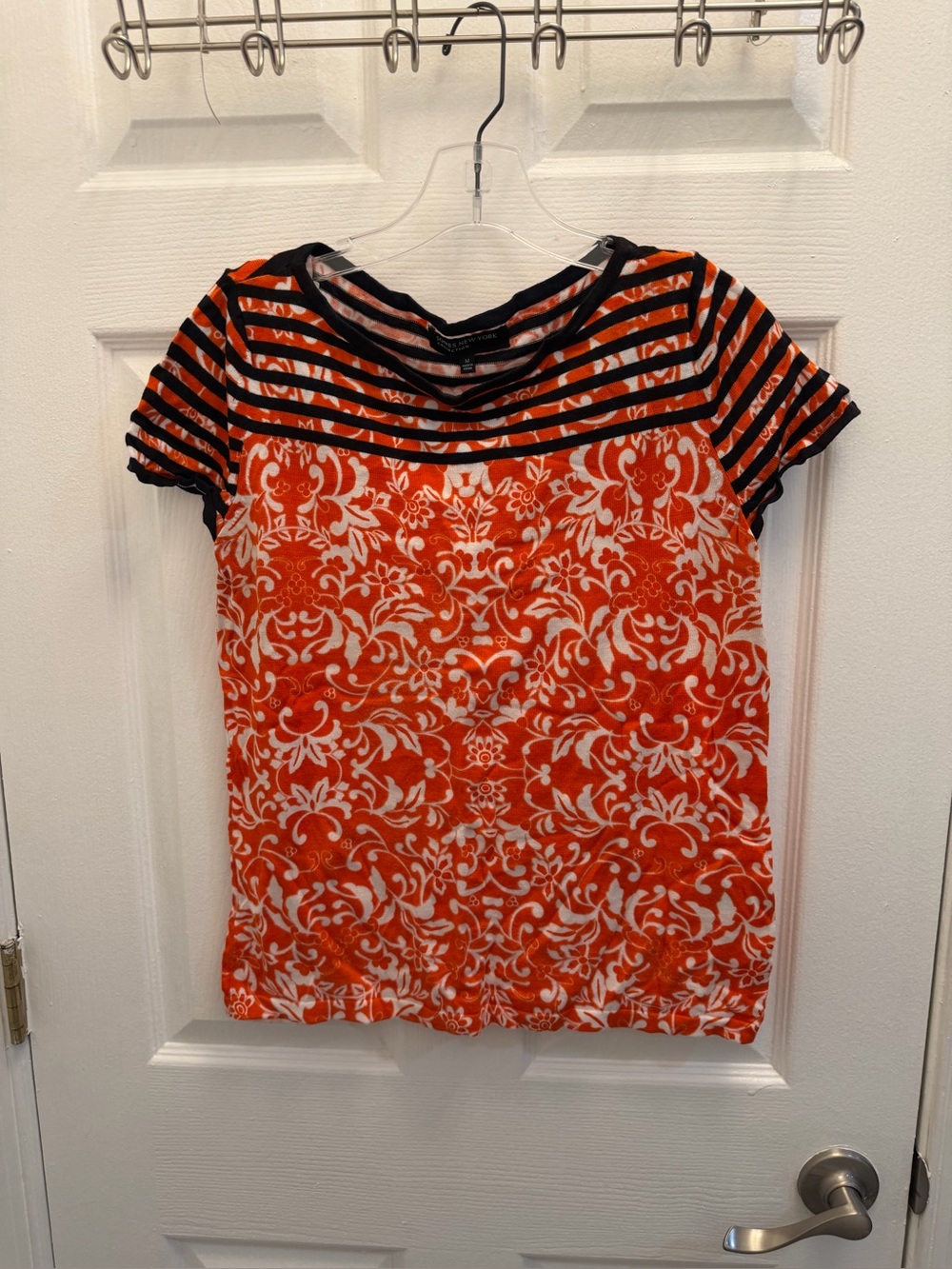 Jones New York Orange Floral Tee with Blue Stripe Yoke